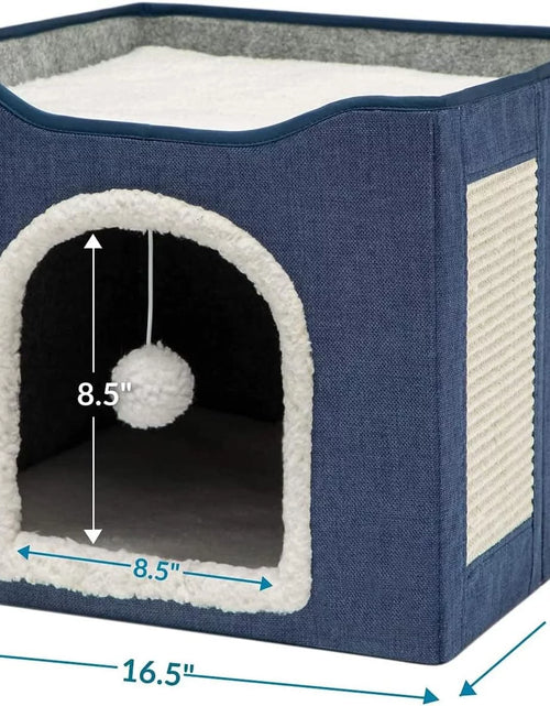 Load image into Gallery viewer, Cat Beds for Indoor Cats -Large Cat Cave for Pet Cat House with Fluffy Ball Hanging and Scratch Pad, Foldable Cat Hidewawy, Blue
