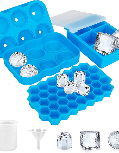 Load image into Gallery viewer, Ice Cube Tray,  Ice Trays for Freezer with Lid, 3 Pack Silicone Large round Ice Cube Tray, Sphere Square Honeycomb Ice Trays for Whiskey with Covers&amp;Funnel,Reusable Ice Cube Trays Bpa-Free Blue
