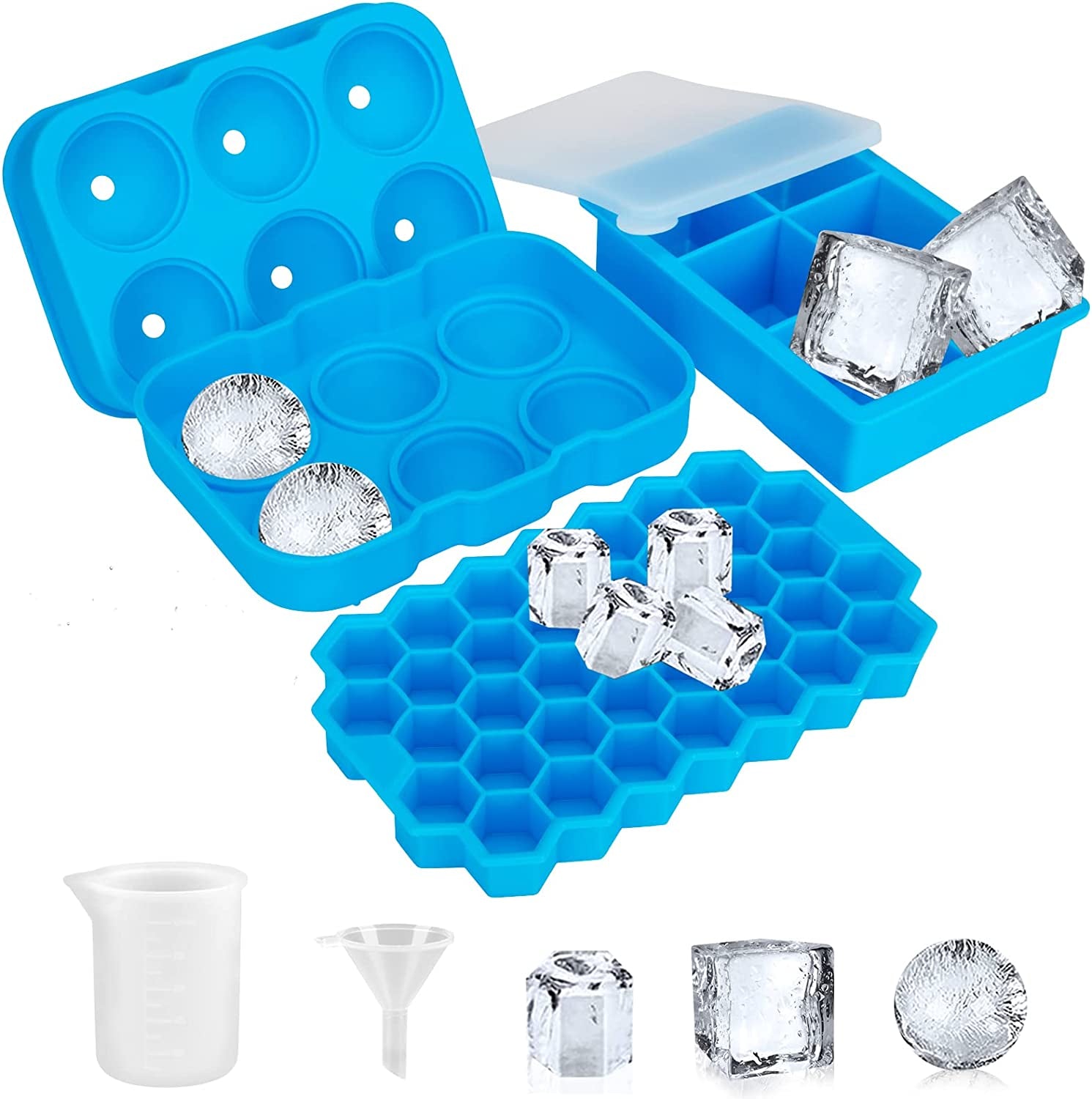 Ice Cube Tray,  Ice Trays for Freezer with Lid, 3 Pack Silicone Large round Ice Cube Tray, Sphere Square Honeycomb Ice Trays for Whiskey with Covers&Funnel,Reusable Ice Cube Trays Bpa-Free Blue