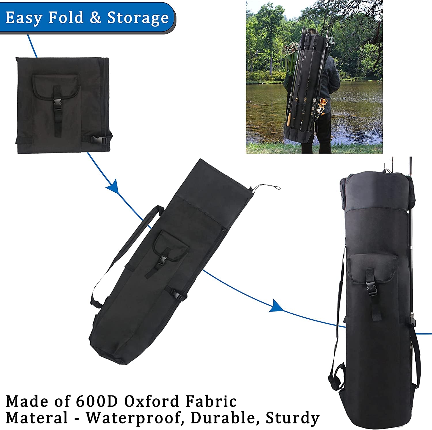 Fishing Rod Case Fishing Pole Bag Fishing Gear Equipment Fishing Bag Holds 5 Rod Fishing Reel Organizer Fishing Backpack Travel Carry Case Large Capacity Waterproof Fishing Accessories Gift for Men