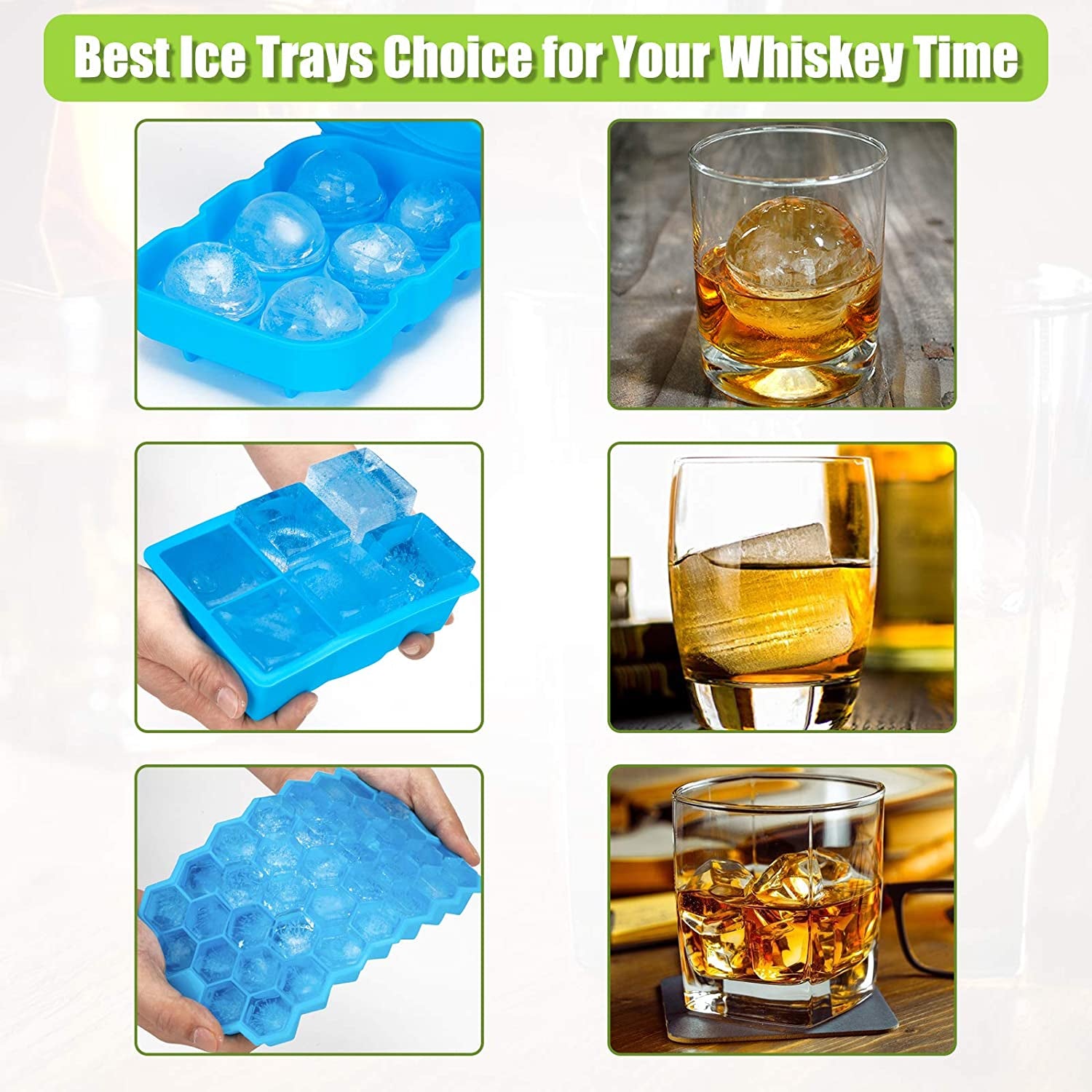 Ice Cube Tray,  Ice Trays for Freezer with Lid, 3 Pack Silicone Large round Ice Cube Tray, Sphere Square Honeycomb Ice Trays for Whiskey with Covers&Funnel,Reusable Ice Cube Trays Bpa-Free Blue