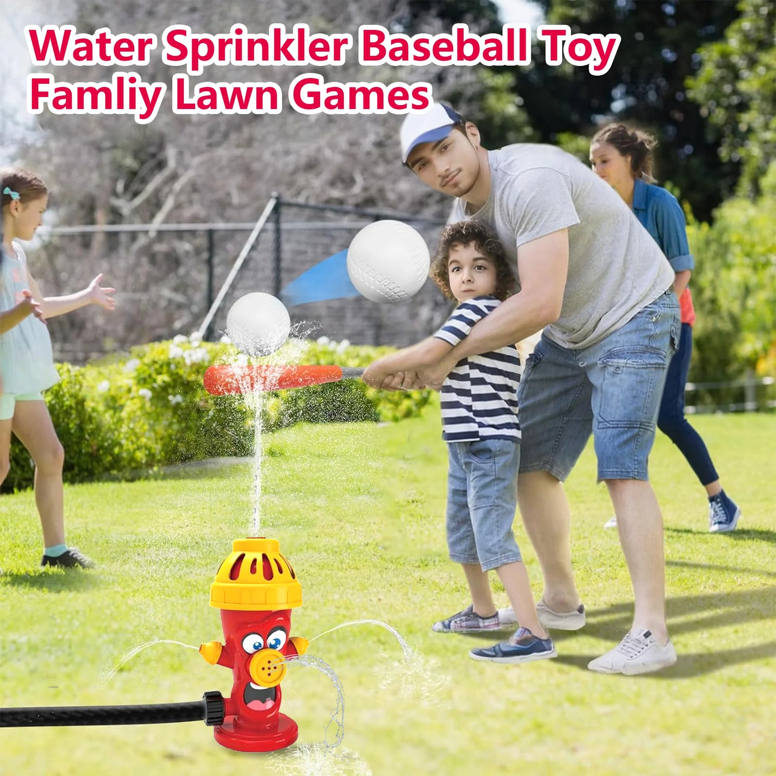 Water Spray Sprinkler Toys with Baseball Play Set, Outdoor Summer Kids Toys Attaches to Garden Hose Backyard Splashing Toys for Boys Girls 3+