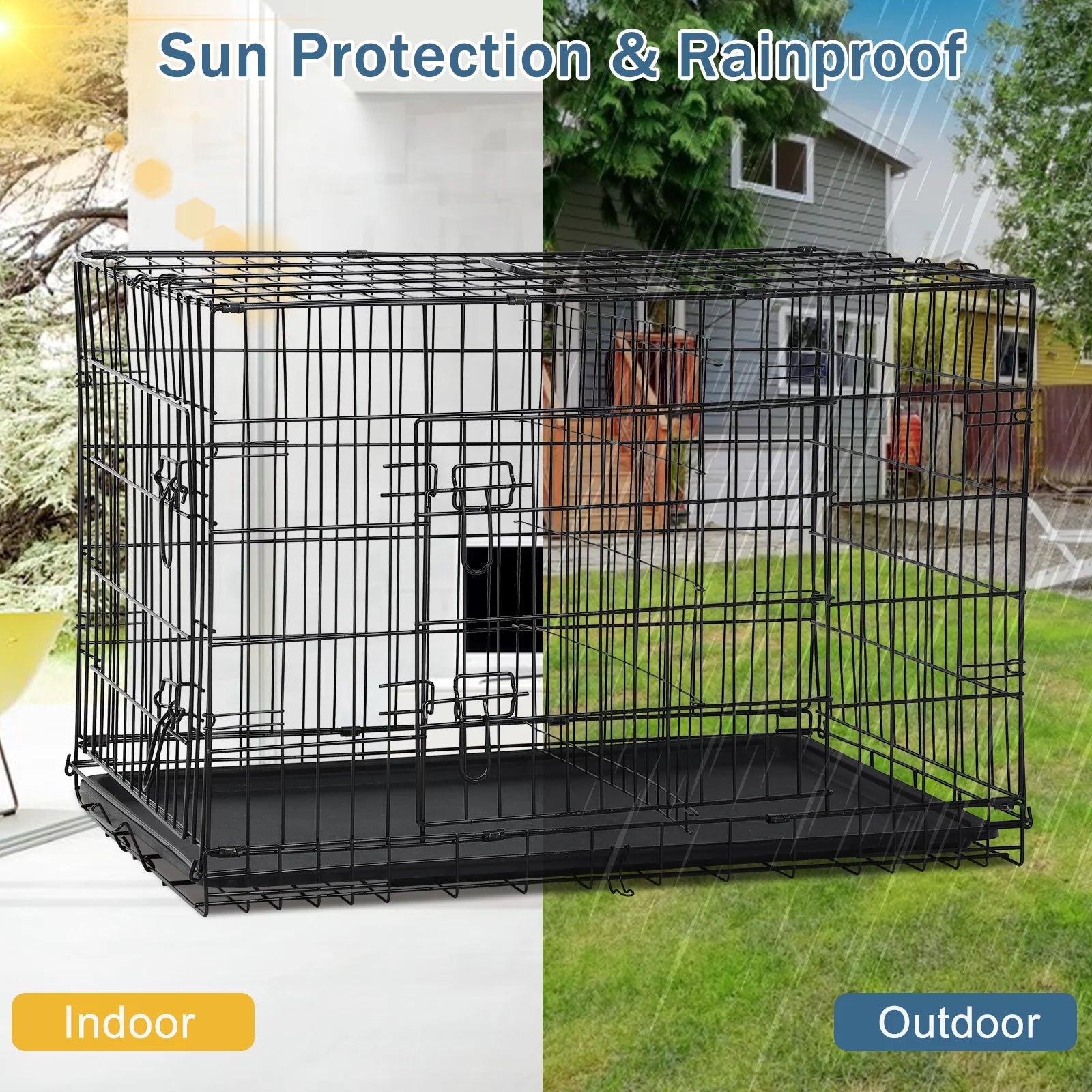 42 Inch Dog Crate, Dog Crates and Kennels Foldable Large Dog Crate for Large Dogs with Handle Double-Door Outdoor Metal Wire Dog Cage with Plastic Tray for Medium Dogs, Black