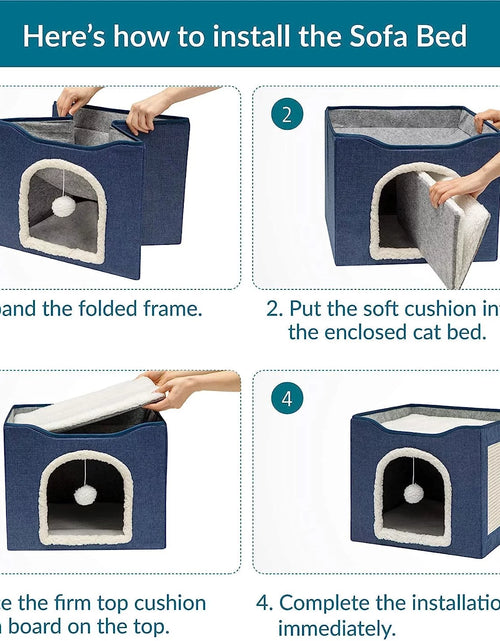 Load image into Gallery viewer, Cat Beds for Indoor Cats -Large Cat Cave for Pet Cat House with Fluffy Ball Hanging and Scratch Pad, Foldable Cat Hidewawy, Blue
