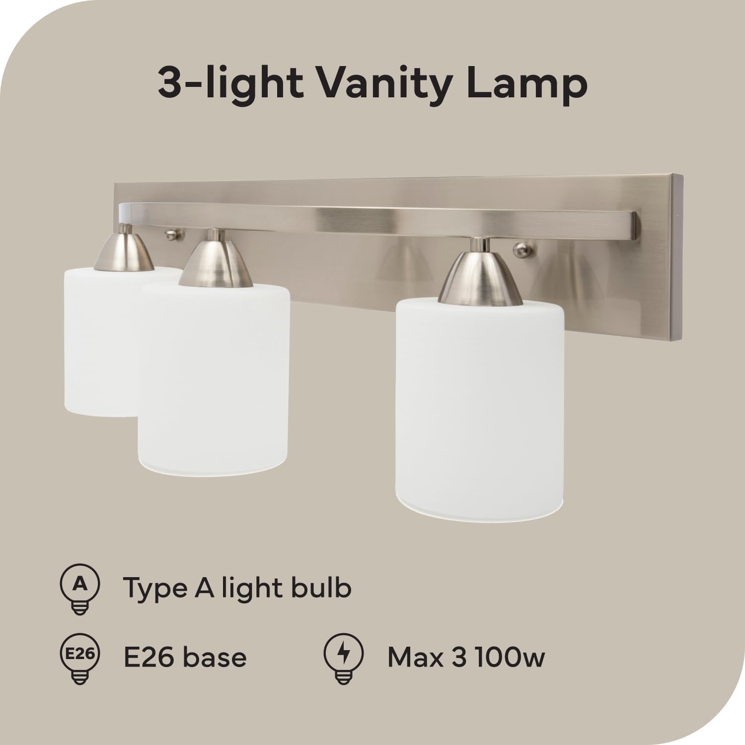 | Bathroom Vanity Light Bar | Interior Bathroom Lighting Fixtures with Modern Glass Shade | Bathroom Lights over Mirror | (Brushed Nickel, 3 Lights, E26 100W LED, Bulbs Not Included)