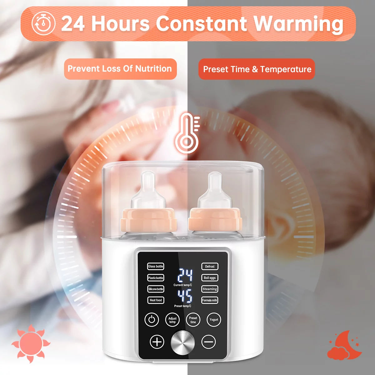 Bottle Warmer, 12-In-1 Baby Double Bottles Warmer Fast Baby Food Heater & Bpa-Free Milk Warmer with LCD Touch Display, Appointment & 24H Accurate Temperature Control for Breastmilk or Formula