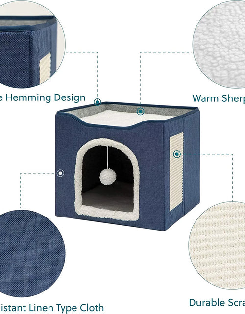 Load image into Gallery viewer, Cat Beds for Indoor Cats -Large Cat Cave for Pet Cat House with Fluffy Ball Hanging and Scratch Pad, Foldable Cat Hidewawy, Blue
