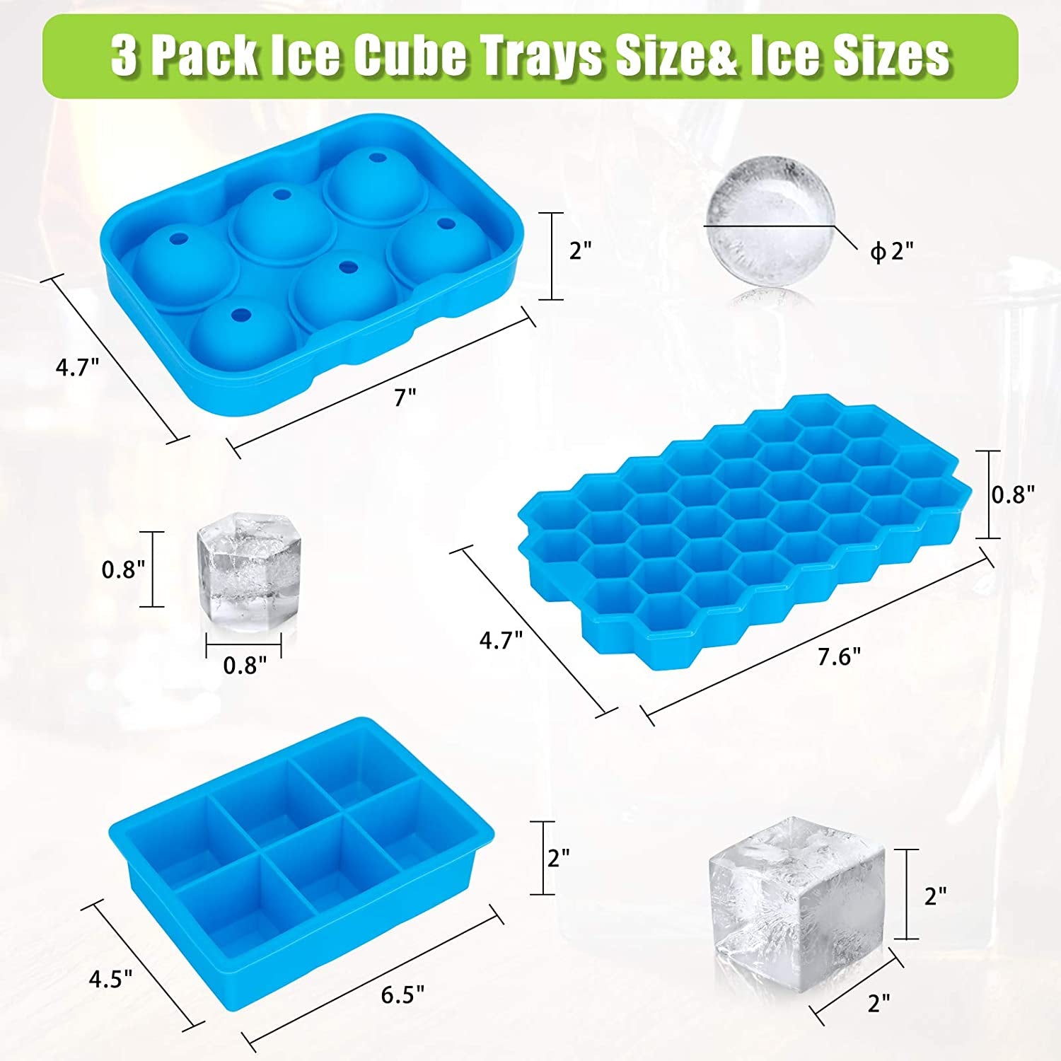 Ice Cube Tray,  Ice Trays for Freezer with Lid, 3 Pack Silicone Large round Ice Cube Tray, Sphere Square Honeycomb Ice Trays for Whiskey with Covers&Funnel,Reusable Ice Cube Trays Bpa-Free Blue