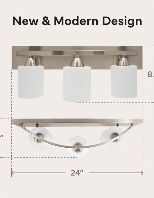 Load image into Gallery viewer, | Bathroom Vanity Light Bar | Interior Bathroom Lighting Fixtures with Modern Glass Shade | Bathroom Lights over Mirror | (Brushed Nickel, 3 Lights, E26 100W LED, Bulbs Not Included)
