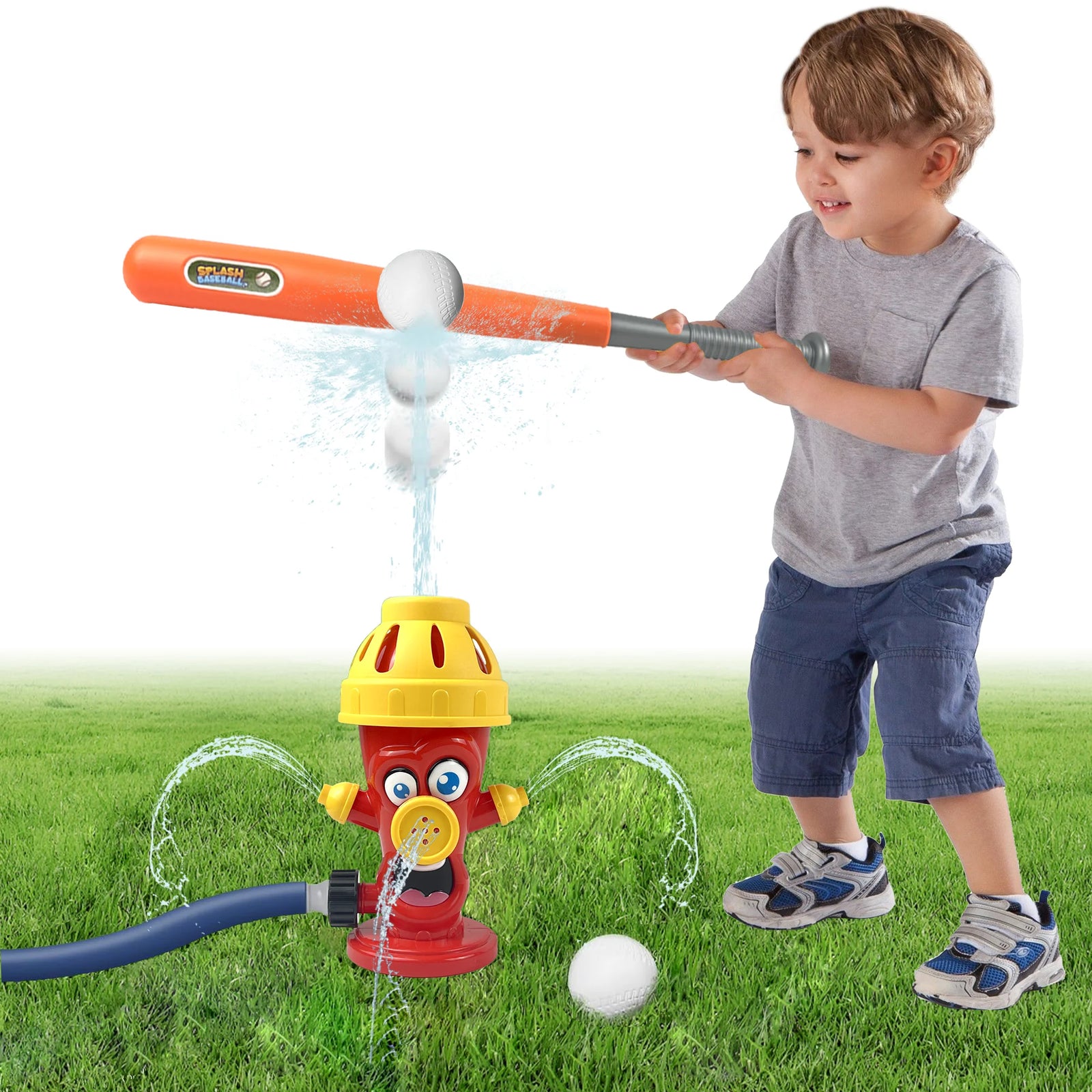 Water Spray Sprinkler Toys with Baseball Play Set, Outdoor Summer Kids Toys Attaches to Garden Hose Backyard Splashing Toys for Boys Girls 3+