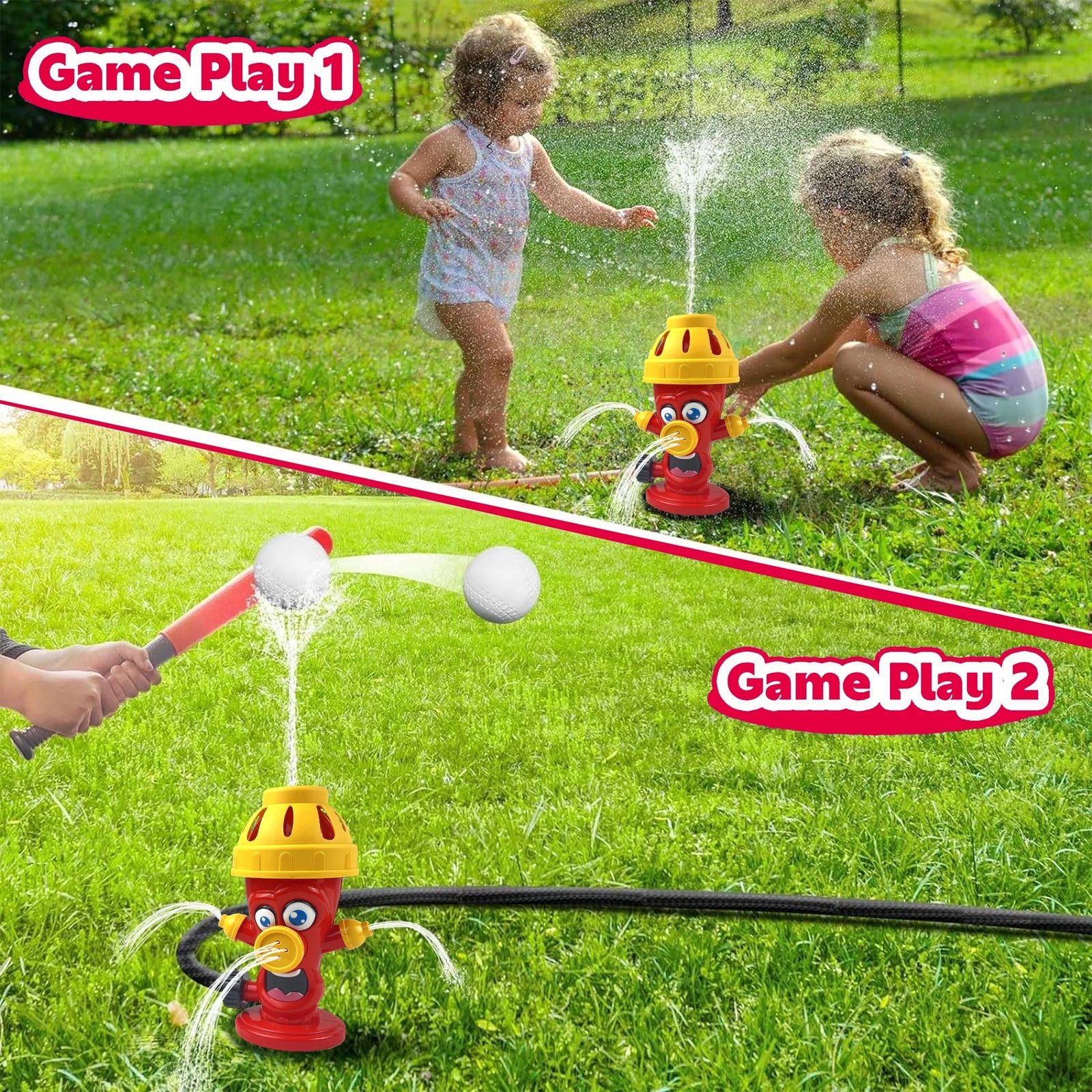 Water Spray Sprinkler Toys with Baseball Play Set, Outdoor Summer Kids Toys Attaches to Garden Hose Backyard Splashing Toys for Boys Girls 3+