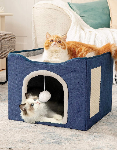 Load image into Gallery viewer, Cat Beds for Indoor Cats -Large Cat Cave for Pet Cat House with Fluffy Ball Hanging and Scratch Pad, Foldable Cat Hidewawy, Blue
