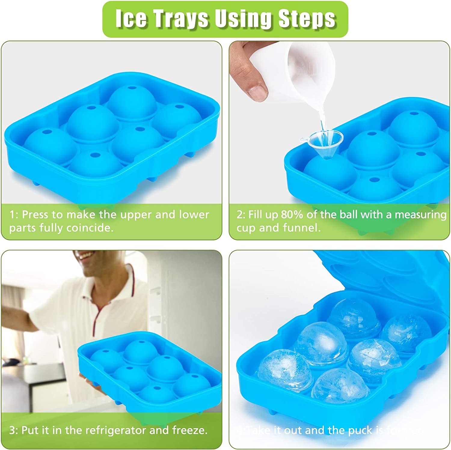 Ice Cube Tray,  Ice Trays for Freezer with Lid, 3 Pack Silicone Large round Ice Cube Tray, Sphere Square Honeycomb Ice Trays for Whiskey with Covers&Funnel,Reusable Ice Cube Trays Bpa-Free Blue