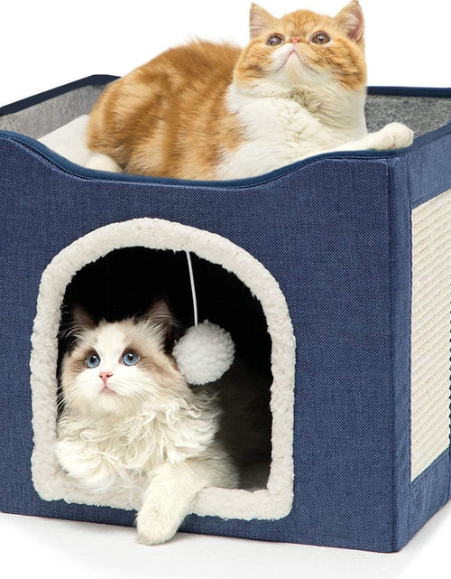 Load image into Gallery viewer, Cat Beds for Indoor Cats -Large Cat Cave for Pet Cat House with Fluffy Ball Hanging and Scratch Pad, Foldable Cat Hidewawy, Blue
