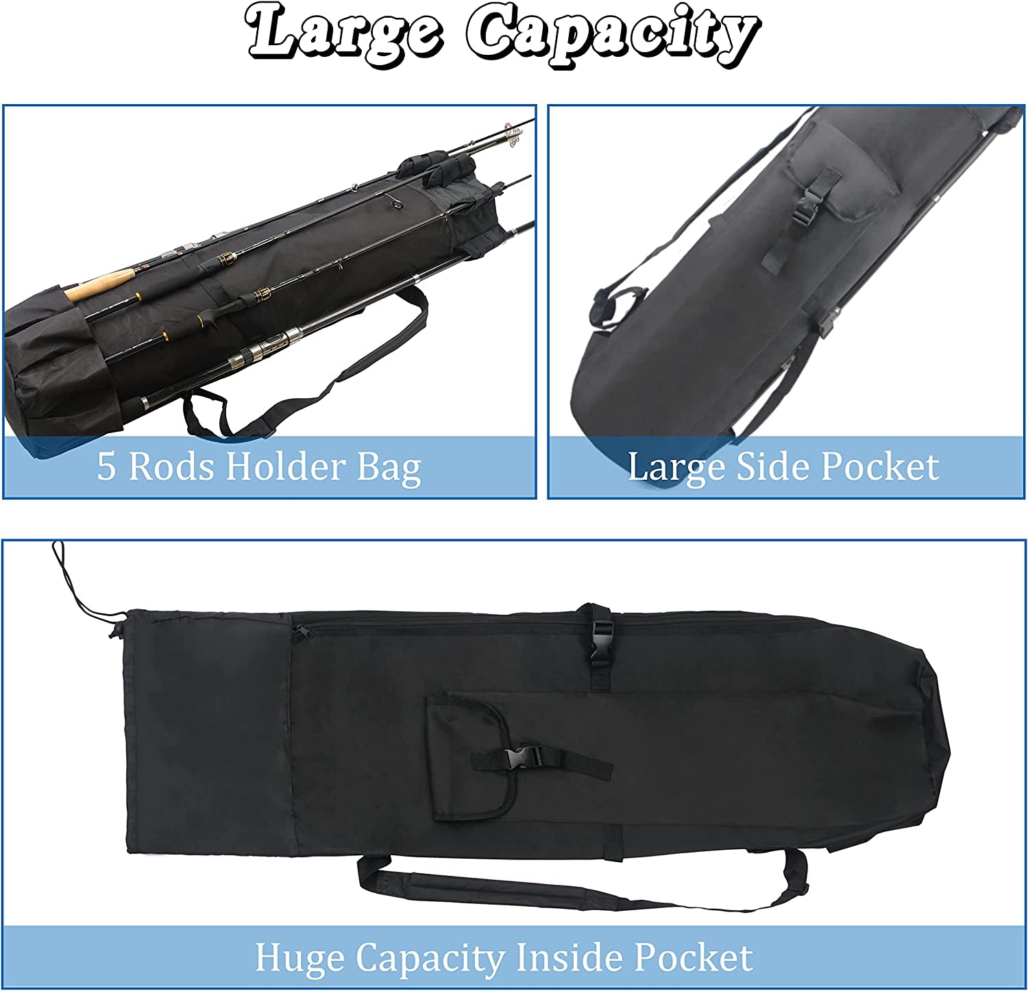 Fishing Rod Case Fishing Pole Bag Fishing Gear Equipment Fishing Bag Holds 5 Rod Fishing Reel Organizer Fishing Backpack Travel Carry Case Large Capacity Waterproof Fishing Accessories Gift for Men